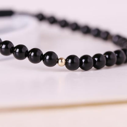 Natural Stone&925 Sterling Silver/18K Gold Anklet,│4MM│9-12 in│, Hand Woven, Adjustable Size - color: 925 Sterling Silver&Black Tourmaline,4MM