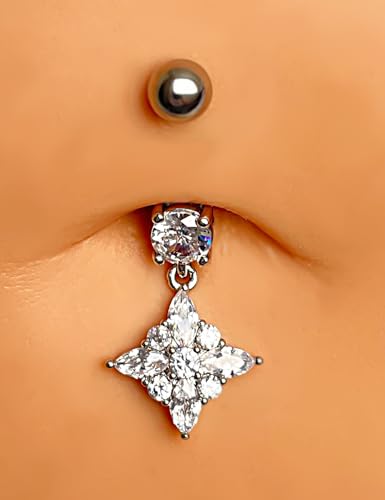 Belly Button Ring Dangle, Cross Belly Button Ring, Navel Piercing | 316L Surgical Steel, AAA+ Cubic Zirconia, Nickel-Free, Hypoallergenic, Multi-Style, 14 Gauge 10 mm Screw On Piercing Stud - style: Dangling Square