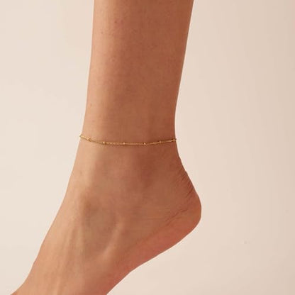 Dainty Ankle Bracelets for Women 18K Gold Plated Waterproof | Satellite Beaded Herringbone Lip Chain Anklets Simple Minimalist Summer Beach Foot Jewelry, Gift Box Included - color: Satellite-Gold