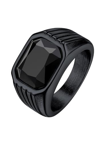 Bestyle Chunky Signet Ring for Men, Stainless Steel/Black Ring Synthetic Gemstone Band Ring Biker Ring for Men, Thumb Pinky Ring Mens Fashion Ring Jewelry Size 7-14, Gift Package - color: 1.black onyx-black