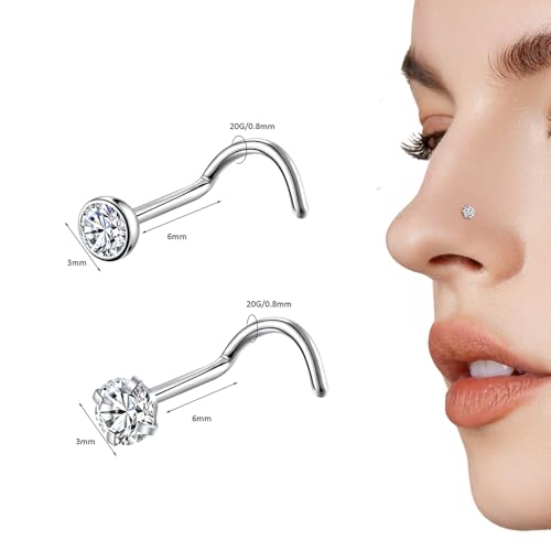 8PCS G23 Titanium Twist Screw Nose Studs 18G 20G Nose Rings 2mm 2.5mm 3mm Clear Pink Purple Aurora CZ Gold Nose Piercing Studs Nostril for Women Men - style: 20g silver clear cz 3mm