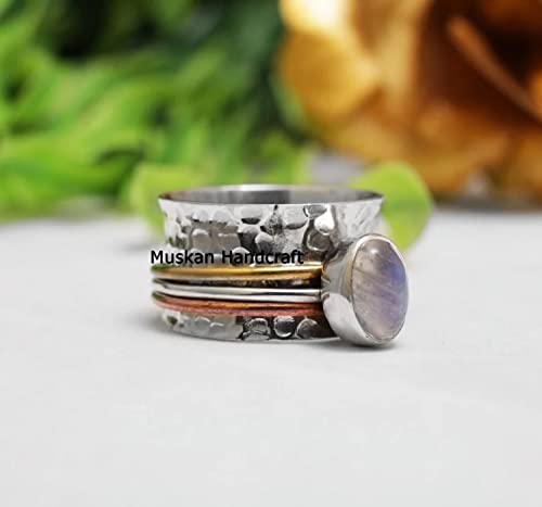 925 Sterling Silver 3 Tone Hammered Spinner Band Ring, Meditation Ring, Yoga Ring, Spin Fidget Worry Ring, Boho Ring, Wedding Gifts Ring For Her