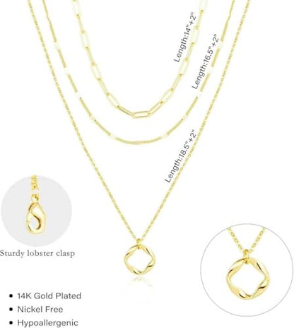 Gold Layered Necklaces for Women, 14K Gold Plated Paperclip Snake Chain Necklace Set, Dainty Coin Cross Tear Pendant Layering Choker Necklaces, Simple Trendy Stackable Jewelry Gifts - color: 3PCS / Twisted Circle & two Chains