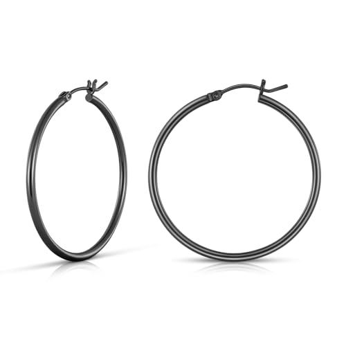 Gold Hoop Earrings for Women 14K Gold Plated | 925 Sterling Silver Post Hypoallergenic Hoop Earrings - color: Black, size: 40mm