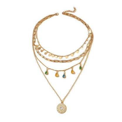 QCWN Gold Layered stacked Necklaces for women 3PS Chunky Statement Necklaces Stack Mixed Metal Charm Necklace for Women Trendy Coin Jewelry Gift for Her Gifts - style: Layered stack 9