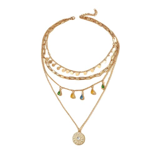 QCWN Gold Layered stacked Necklaces for women 3PS Chunky Statement Necklaces Stack Mixed Metal Charm Necklace for Women Trendy Coin Jewelry Gift for Her Gifts - style: Layered stack 9