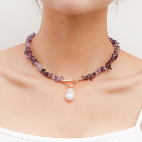 Bohemian Stone Pearl Choker Necklace for Women Dainty Natural Irregular Stone Choker Turquoise Beaded Lariat Necklace Simple Fashion OT Toggle Spiritual Handmade Jewelry - color: Purple