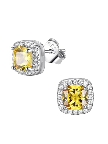 FindChic Birthstone Earrings for Women, Round/Heart/Square/Teardrop Earrings with 925 Sterling Silver Posts & Push Backs, Hypoallergenic Studs with Cubic Zirconia, 12 Months Jewelry with Gift Box - style: 11. November-Yellow Topaz (Square)