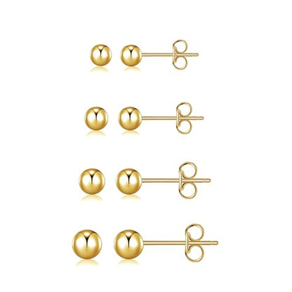 BMMYE 4 Pairs Silver Stud Earrings for Women Stainless Steel Ball Earrings | Small 14 Gold Plated Earrings Studs Set with Cubic Zirconia Waterproof Hypoallergenic Silver Ball Earring for Women - color: 4pair gold ball