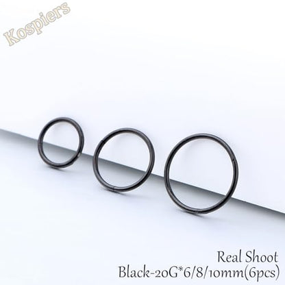 Nose Rings 20G 18G 16G 316L Surgical Steel Hinged Clicker Segment Nose Hoop Helix Cartilage Daith Tragus Sleeper Earrings Body Lip Piercing Jewelry for Women Men 6mm 7mm 8mm 10mm 12mm - style: 06:Black-20G*6/8/10mm(6pcs)