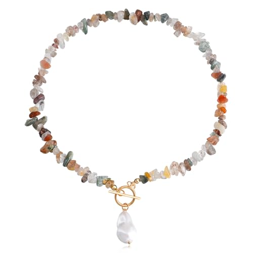 Bohemian Stone Pearl Choker Necklace for Women Dainty Natural Irregular Stone Choker Turquoise Beaded Lariat Necklace Simple Fashion OT Toggle Spiritual Handmade Jewelry - color: Whit Brown