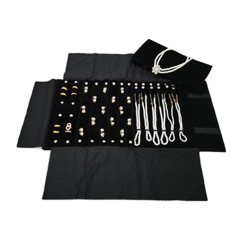 Velvet Travel Jewelry Case Roll Bag Organizer for Necklace Bracelet Earrings Ring (Black) (Black(2+6+6)) - color: Black (2+6+6)