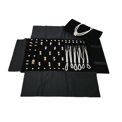 Velvet Travel Jewelry Case Roll Bag Organizer for Necklace Bracelet Earrings Ring (Black) (Black(2+6+6)) - color: Black (2+6+6)