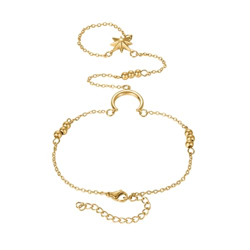 Lunar Hand Chain – Adjustable 18K Gold Plated Crescent Moon Bracelet for Women Delicate Gold Moon Jewelry Lightweight Elegant Charm Bracelet - color: Gold