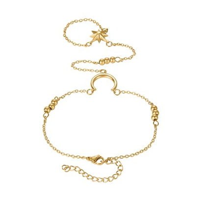 Lunar Hand Chain – Adjustable 18K Gold Plated Crescent Moon Bracelet for Women Delicate Gold Moon Jewelry Lightweight Elegant Charm Bracelet - color: Gold