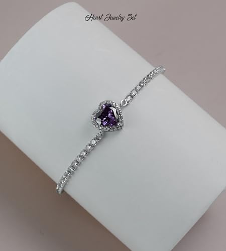 Cubic Zirconia LOVE Heart Jewelry Set Earrings Necklace Bracelet Set for Women Prom Wedding Party Anniversary Birthday - color: Purple