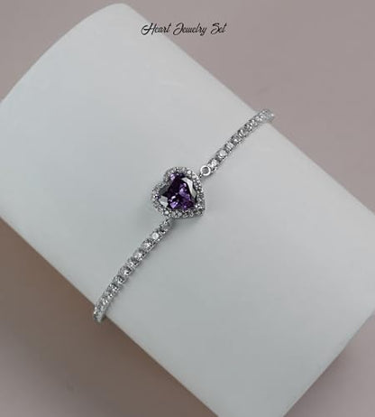 Cubic Zirconia LOVE Heart Jewelry Set Earrings Necklace Bracelet Set for Women Prom Wedding Party Anniversary Birthday - color: Purple