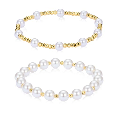 Ornaland Pearl Bracelets for Women Gold Beaded Bracelets Stackable Bracelets Set Stretch Summer Beach Jewelry for Women - style: Style D-2pcs
