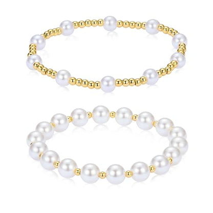 Ornaland Pearl Bracelets for Women Gold Beaded Bracelets Stackable Bracelets Set Stretch Summer Beach Jewelry for Women - style: Style D-2pcs