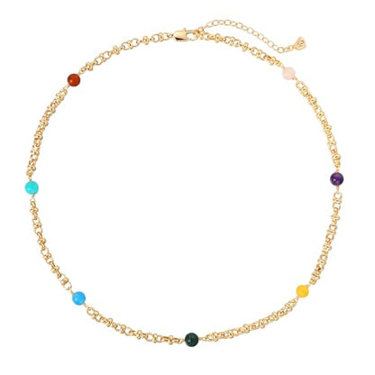 MTMY Beaded Necklaces for Women 14K Gold Plated Dainty Colorful Green/Rose Beaded Pearl Choker Necklace Delicate Boho Choker Necklace Jewelry Gift - style: 7 Color beads