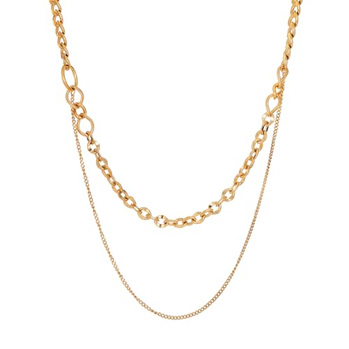 18K Gold Plated Layered Herringbone Necklaces for Women Dainty Layering Beaded Snake Chain Choker Moon Coin Pendant Necklace Trendy Stainless Steel Jewelry - color: Double Cuban Link-Gold