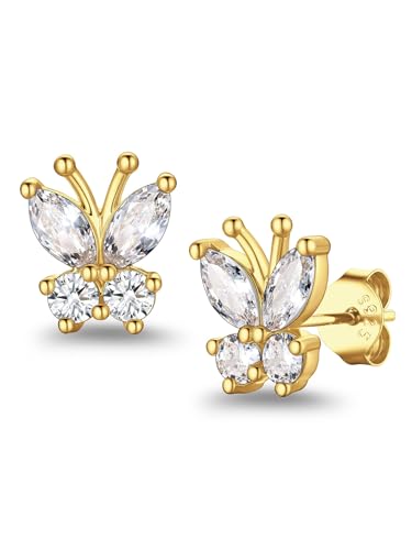 Suplight Butterfly Stud Earrings 925 Sterling Silver 14K Gold Brithstone Earrings for Women Brithstone Jewelry Gifts - color: 04.April ( Clear Quartz), size: Gold