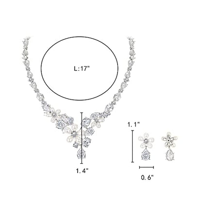 EleQueen Women's Simulated Pearl Wedding Jewelry Set for Brides | Cubic Zirconia Necklace Earrings Bracelet Set for Brides Bridesmaids, Bridal Jewelry Set for Anniversary/Memorial Day - style: Teardrop Floral Necklace Earrings