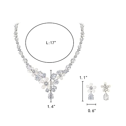 EleQueen Women's Simulated Pearl Wedding Jewelry Set for Brides | Cubic Zirconia Necklace Earrings Bracelet Set for Brides Bridesmaids, Bridal Jewelry Set for Anniversary/Memorial Day - style: Teardrop Floral Necklace Earrings