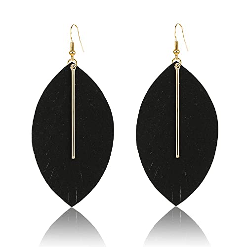 YUNXI Large Genuine Soft Leather Handmade Fringe Feather Lightweight Leaf with Simple Drop Metal Bar Tear Drop Dangle Color Earrings for Women - color: Black