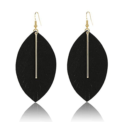 YUNXI Large Genuine Soft Leather Handmade Fringe Feather Lightweight Leaf with Simple Drop Metal Bar Tear Drop Dangle Color Earrings for Women - color: Black