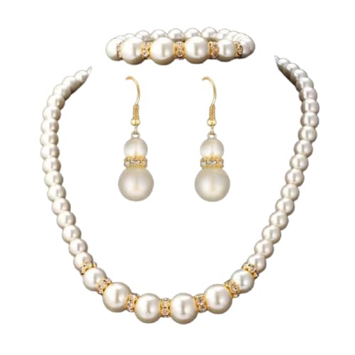 DATOA 3 Pcs Set Elegant Pearl Round Beads Imitation Pearl Acrylic Necklace Earrings Bracelet Sparkling Crystal Jewelry for Women Wedding Engagement Jewelry Set - color: Gold