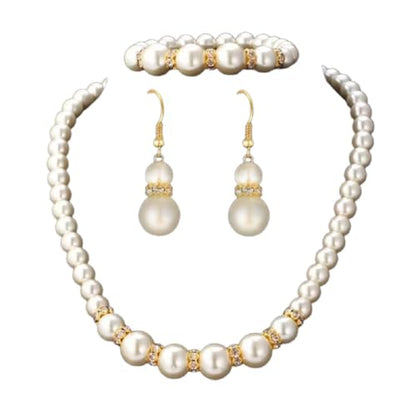 DATOA 3 Pcs Set Elegant Pearl Round Beads Imitation Pearl Acrylic Necklace Earrings Bracelet Sparkling Crystal Jewelry for Women Wedding Engagement Jewelry Set - color: Gold