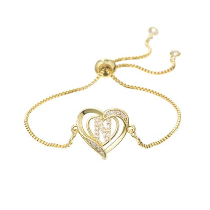 14K White Gold Plated Initial Heart Bracelet for Women Zircon Inlay Heart Initial Charm Bracelets Adjustable Minimalist Jewelry - color: N-gold