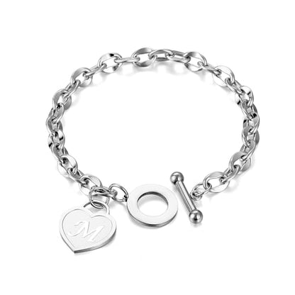 Initial Heart Charm Bracelets for Women 14K gold/Silver Tone Stainless Steel OT Clasp Heart A-Z Letter Name Bangle Bracelet Gifts - color: M