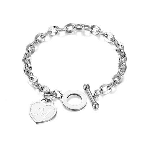 Initial Heart Charm Bracelets for Women 14K gold/Silver Tone Stainless Steel OT Clasp Heart A-Z Letter Name Bangle Bracelet Gifts - color: M