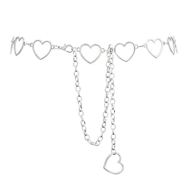 Fashion Long Tassel Metal Waist Chain Women Adjustable Body Link Belts Body Belly Jewelry for Jeans Dresses Sun Gold Plated - color: Hearts Silver