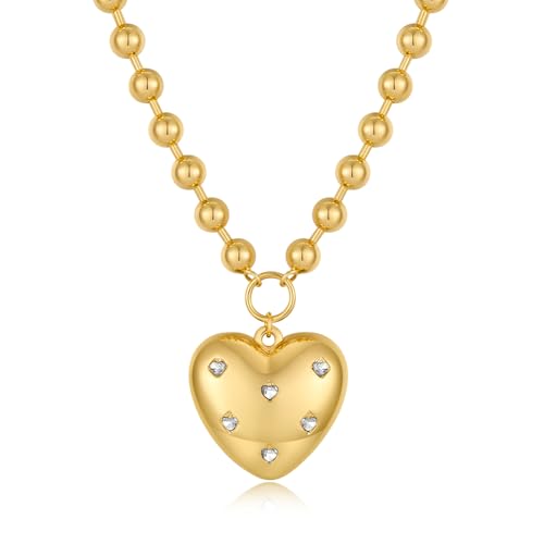 CLASSYZINT Gold Heart Pendant Necklace for Women Puffy Heart Necklace Beads Chain Necklace Statement Necklace Trendy Jewelry - style: XL22340A