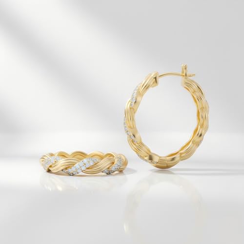 Gold Hoop Earrings 14K Gold Earring for Women Twisted Design with Sculpted Texture Hoops Earring for Womens Minimalist Huggie Earring Jewelry Gifts 25mm