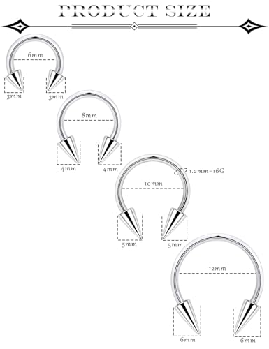 Long Spike Septum Rings 16G Surgical Steel Snake Bite Jewelry Lip Rings Smiley Piercing Jewelry for Women Men 6mm/8mm/10mm/12mm - color: silver-tone,8pcs,16g,Dia.6-12mm