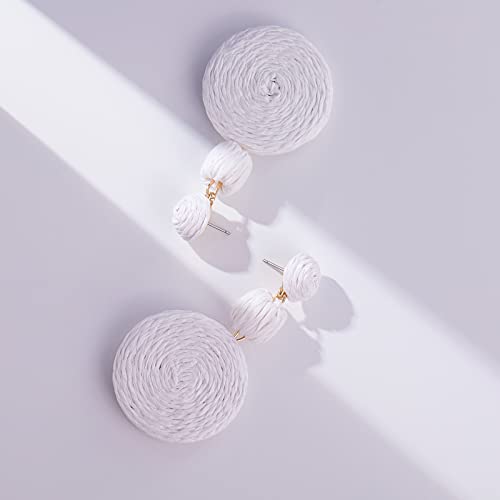 Statement Raffia Boho Round Dangle Ball Earrings - Cute Handmade Summer Bohemian Dangling Jewelry for Women - color: White