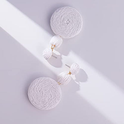 Statement Raffia Boho Round Dangle Ball Earrings - Cute Handmade Summer Bohemian Dangling Jewelry for Women - color: White