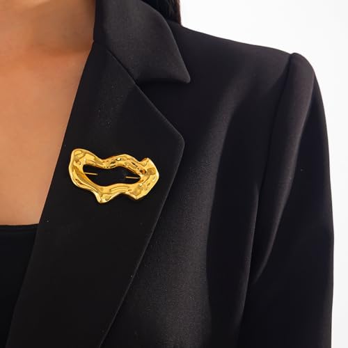 Geometric Teardrop Brooch for Women Gold Silver Statement Metal Brooch Pins Chunky Irregular Round Lapel Pin Coat Sweater Scarves Shawl Brooches Fashion Wedding Party Prom Jewelry - color: gold wave