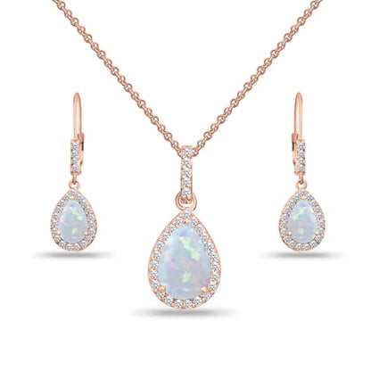 Jewelry Sets for Women, Necklace and Earring Sets for Women, Birthstone Jewelry, Genuine or Synthetic Gemstones, Teardrop Necklace and Dangle Earrings, Pendant Necklace, Sterling Silver Jewelry - color: Synthetic Opal - Rose Gold