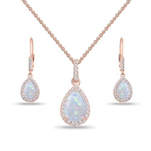 Jewelry Sets for Women, Necklace and Earring Sets for Women, Birthstone Jewelry, Genuine or Synthetic Gemstones, Teardrop Necklace and Dangle Earrings, Pendant Necklace, Sterling Silver Jewelry - color: Synthetic Opal - Rose Gold