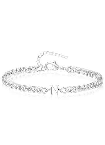 Initial Bracelet Matching Couple Bracelets Silver Letter A-Z Stainless Steel Cuban Link Chain Mens Bracelets Christmas Birthday Gifts for Men Women Him Teens Best Friends Husband Dad Son - color: N