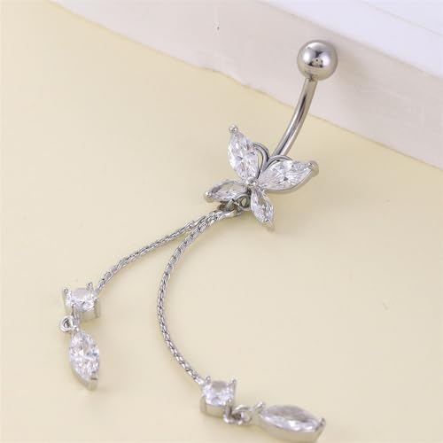 14G CZ Butterfly Tassel Dangle Belly Button Rings for Women Hypoallergenic Stainless Steel Navel Ring 3/8 Inch Belly Piercing Barbell Dainty Navel Piercing Jewelry - color: Silver