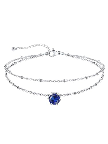 U7 Silver Ankle Bracelet for Women, Waterproof Layered Ankle Round Gem Birthstone Anklets, Summer Beach Foot Jewelry, Adjustable 8.5"-10.5" - color: 09.September-Sapphire Blue