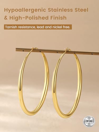 KeyStyle 5mm Thick Hoop Earring，Large Gold Hoop Earrings for Women | Stainless Steel Hoops Earring 14K Gold Plated/Silver/Black Hoop Lightweight Hypoallergenic Hollow Tube Hoop(40/60/80MM) - color: Gold, size: 80mm
