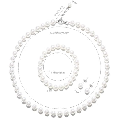 White 8mm Faux Hand Knotted Glass Imitation Pearls Necklace Earring Jewelry 3 Set for Women and Girls - style: 16.5 inches
