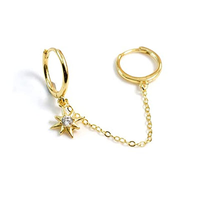 Dainty Star Burst Tassel Dangle Hoop Earring Cubic Zirconia Crystal Cartilage Climber Hugggie Hoops Earring Stars Drop Long Chain Crawler Wrap Cuffs Fashion Jewelry Gifts for Women Daughter
